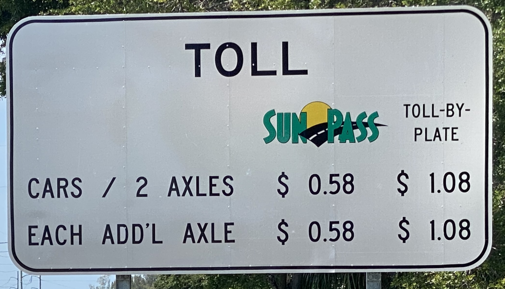 Toll rates shown on sign